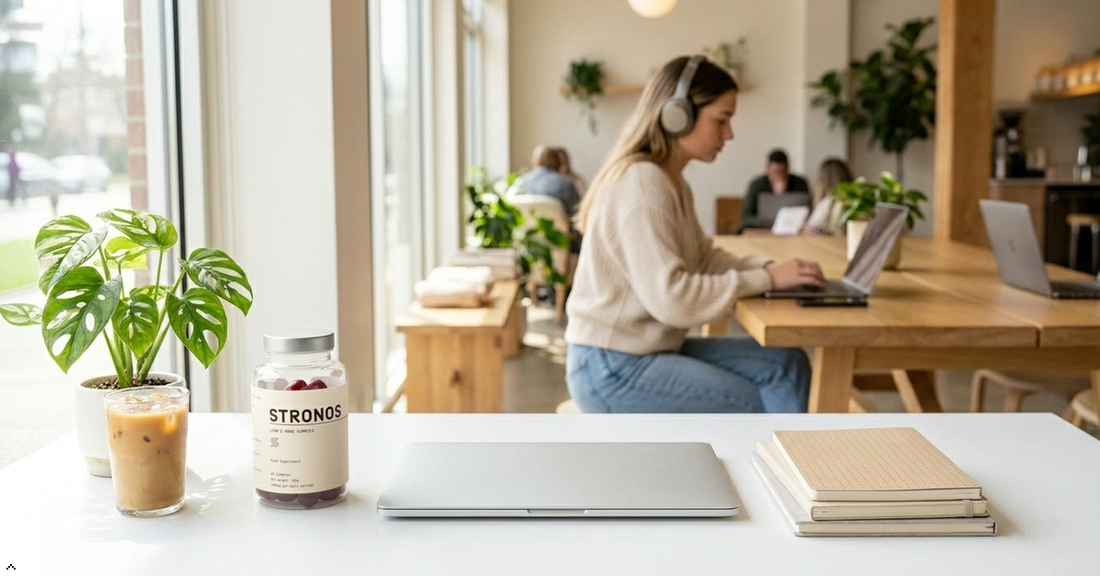 Woman working on a laptop in a bright café, with a STRONOS Lion's Mane gummies jar and iced coffee in the foreground