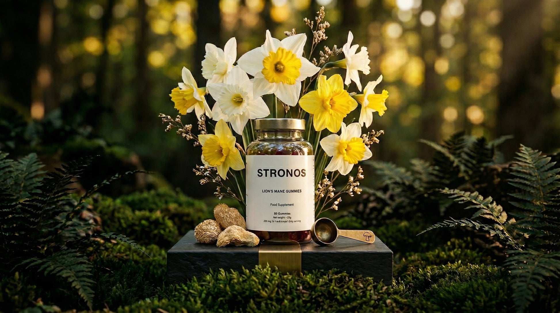 Jars labeled 'STRONOS' surrounded by flowers and moss in a forest setting